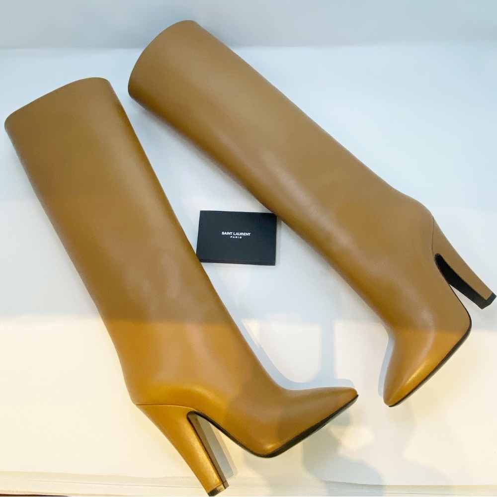 Saint Laurent Tan Leather Knee-High Heeled Boots